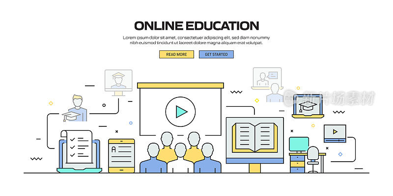 E-Learning, Online Education, Home school Related Modern Line Style插图